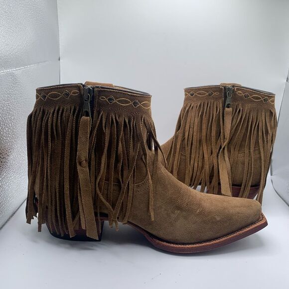 J.B. Dillon Womens 7B Brown Boot Suede Leather Long Fringe Zip Up Snip Toe Ride‎ - Picture 1 of 8